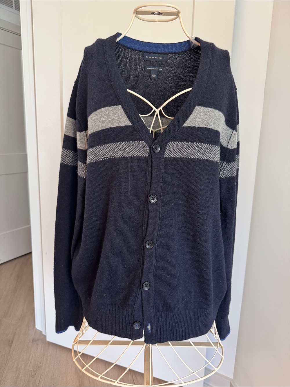 Banana Republic Men's Navy Cardigan with Gray Stripes